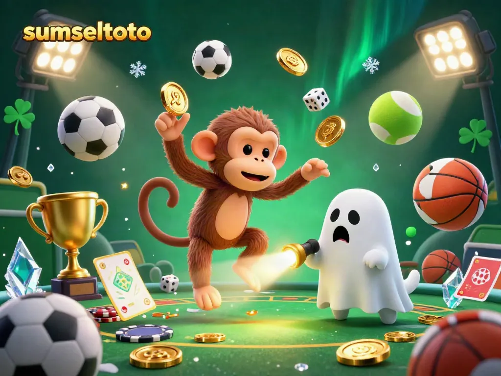 Engage with sumseltoto's haunted casino where a poltergeist monkey juggles golden coins amidst vibrant sports elements.