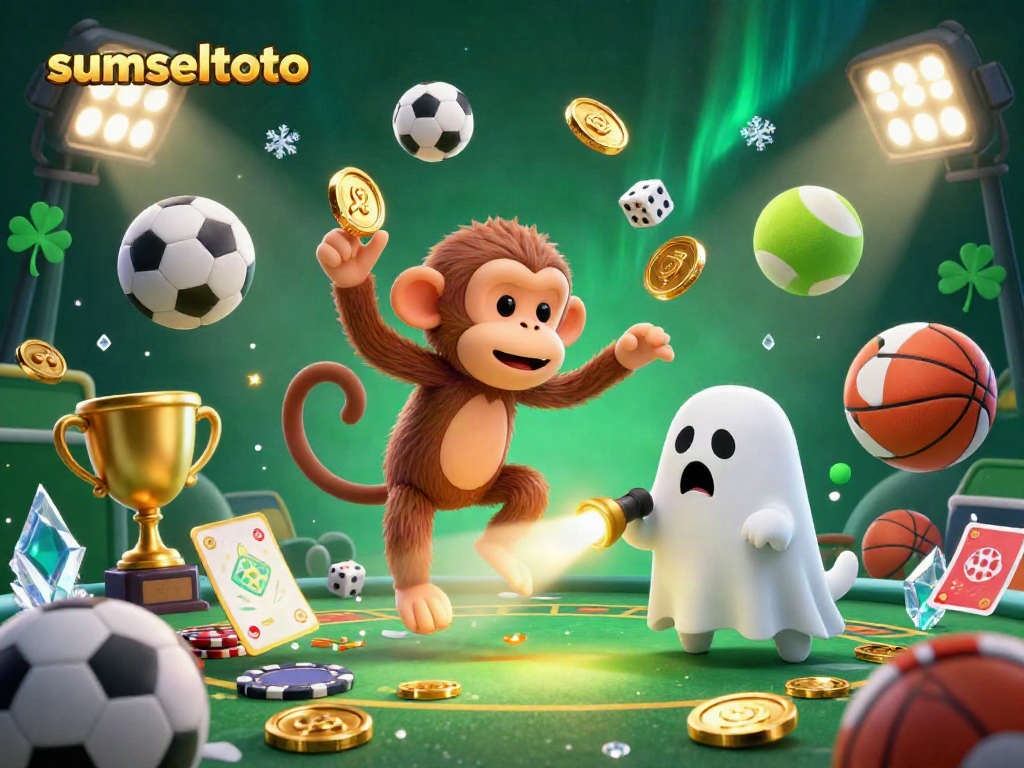 Engage with sumseltoto's haunted casino where a poltergeist monkey juggles golden coins amidst vibrant sports elements.