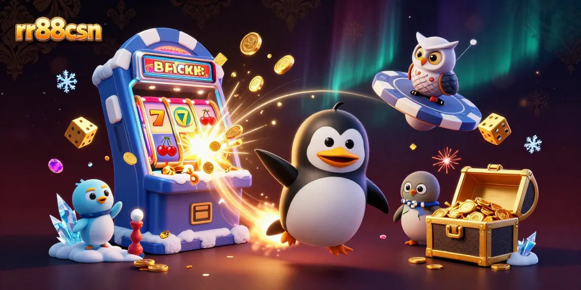 Engage with rr88csn as the golden penguin soars to the jackpot at a casino chip space station.