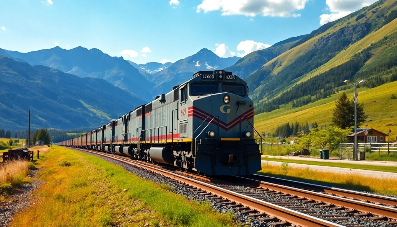Freight train symbolizing North American rail services navigating through scenic landscapes.