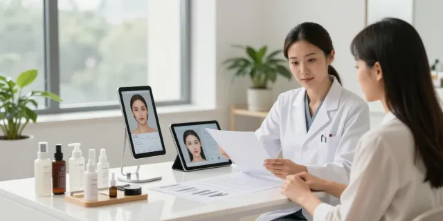Modern studio scene showcasing alternatives to QOVES facial analysis with an aesthetician and client.