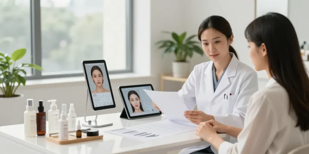 Modern studio scene showcasing alternatives to QOVES facial analysis with an aesthetician and client.