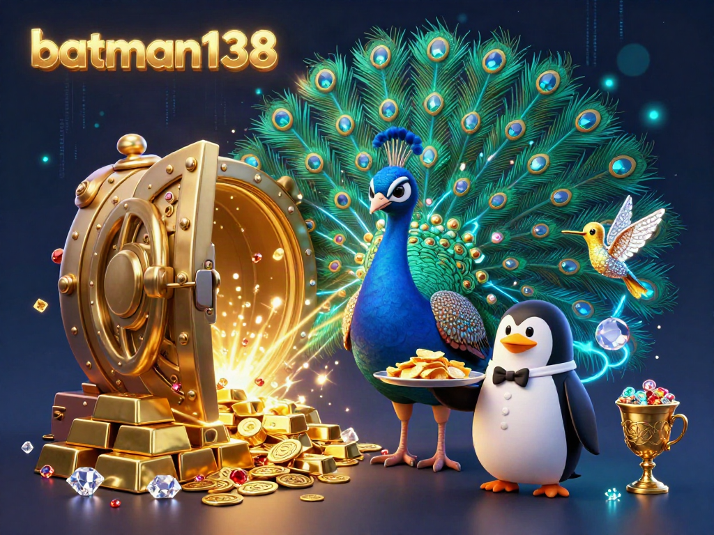 Experience the thrilling world of batman138 online gaming through a vibrant 3D illustration of a peacock, and golden treasures.