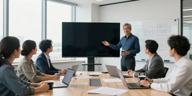 Michael Rustom consulting in a modern office with a team during a strategy meeting.