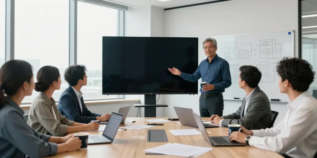 Michael Rustom consulting in a modern office with a team during a strategy meeting.