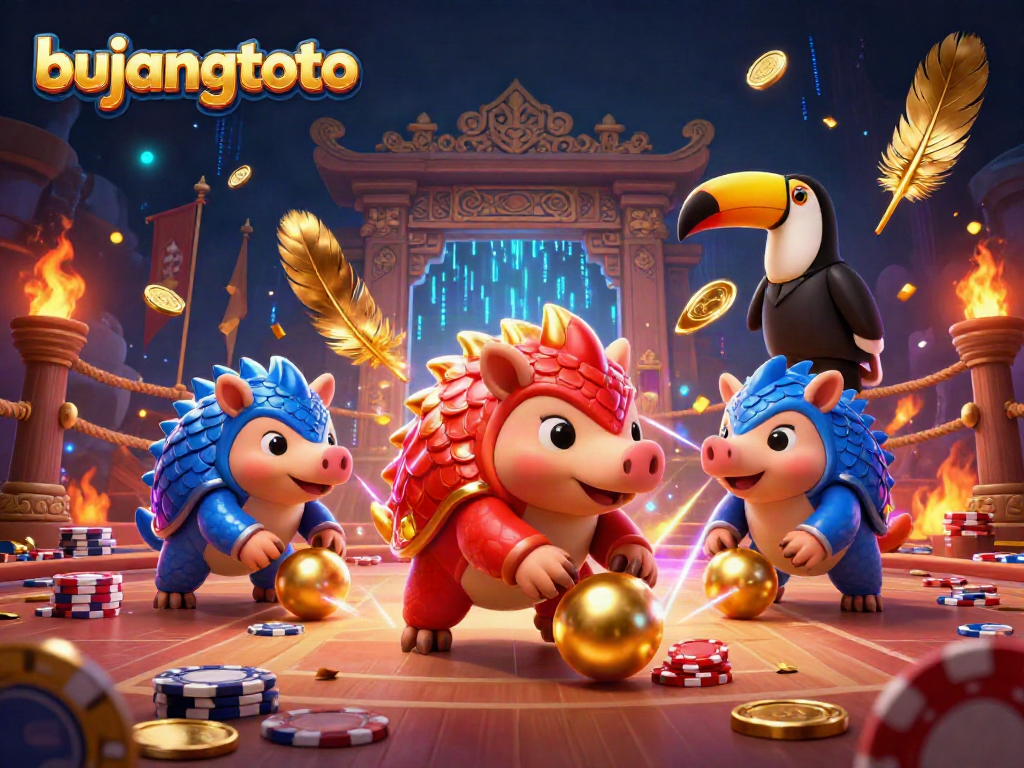 Bujangtoto pangolins clash in a vibrant casino scene, rolling golden balls and poker chips together.