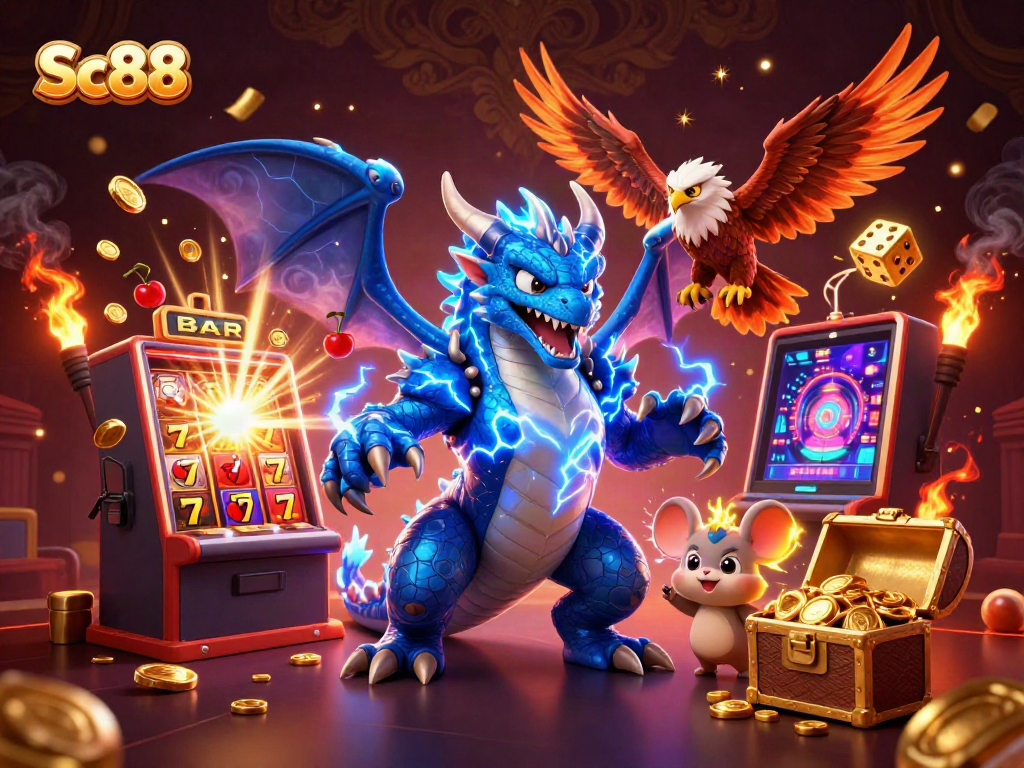 Experience the thrilling world of Sc88 with dynamic characters and exciting casino elements in this vibrant illustration.