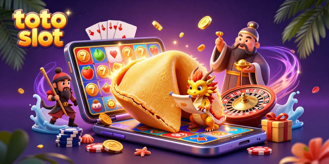 Engage with the thrilling toto slot gaming experience featuring a vibrant 3D illustration of a fortune cookie and dragon.