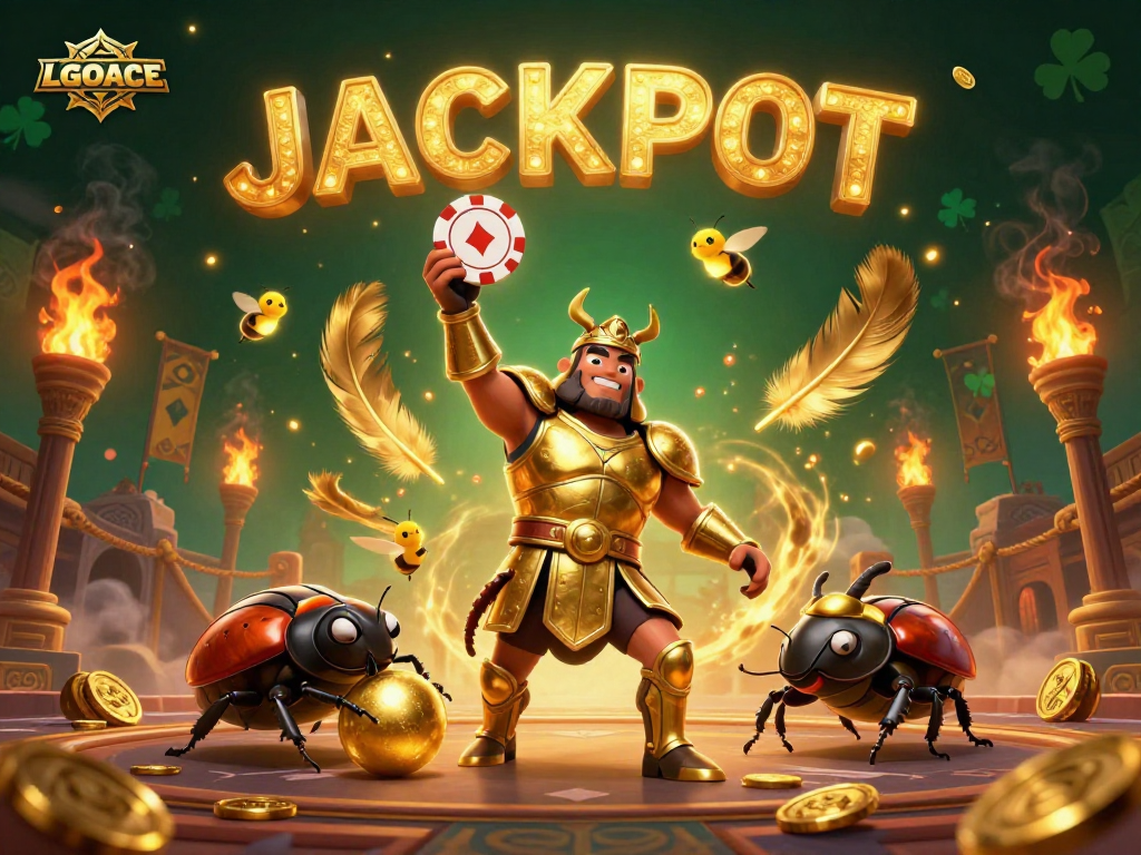Engage in exciting gameplay at LGOACE, where a hero beetle lifts a poker chip, symbolizing victory.