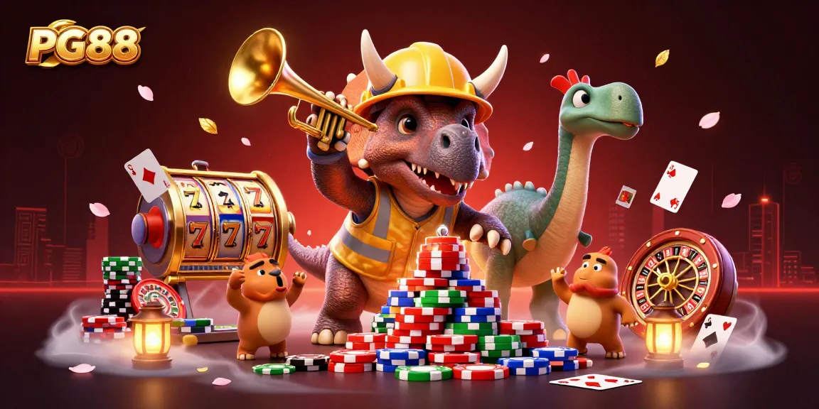 PG88 showcases a thrilling casino scene with vibrant poker chips, celebrating dinosaurs, and lively game elements.