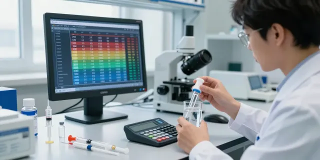 Scientist using a peptide dosage calculator in a modern lab.