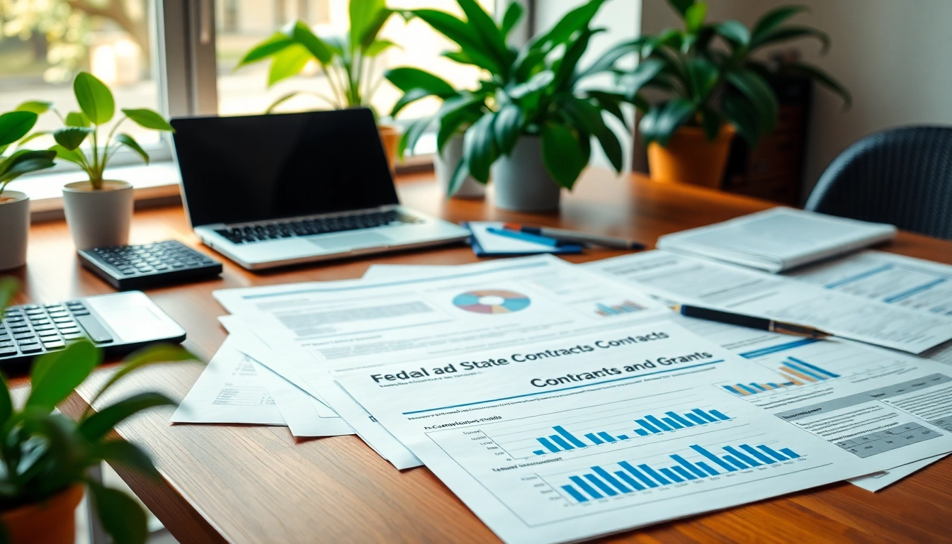 Illustration of Federal and State contracts and grants documents on a desk with analytical tools.