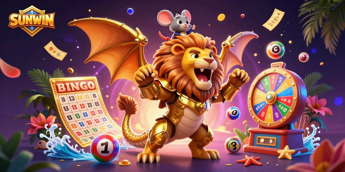 SUNWIN presents a vibrant 3D lottery scene featuring a chimera and a mouse jockey amidst dynamic game elements.