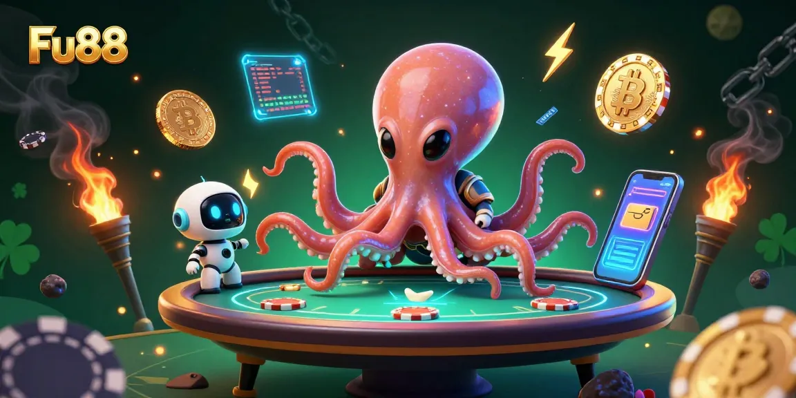 Join Fu88's thrilling poker action with a vibrant scene featuring a cosmic dealer and chips.