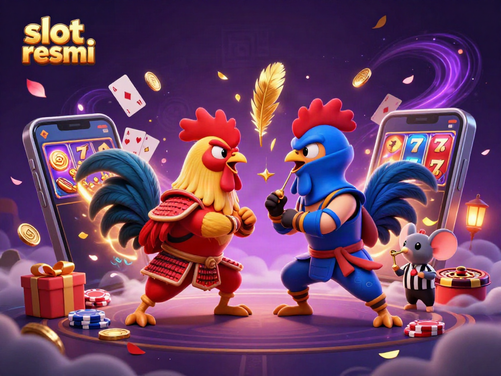 Engage in excitement with slot resmi as animated roosters battle in a vibrant casino scene.