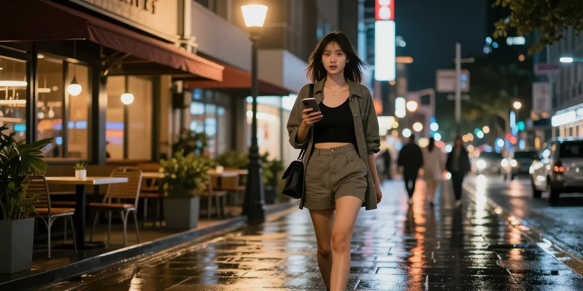 Gái gọi đang đi dạo trong thành phố vào ban đêm, tạo vẻ quyến rũ và phong cách.