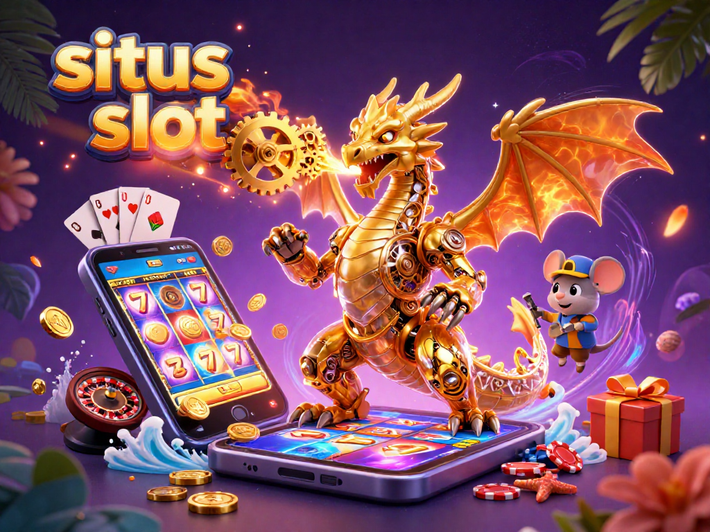 Menangkan situs slot dengan naga emas bio-mekanis dan permainan slot interaktif mengelilinginya.