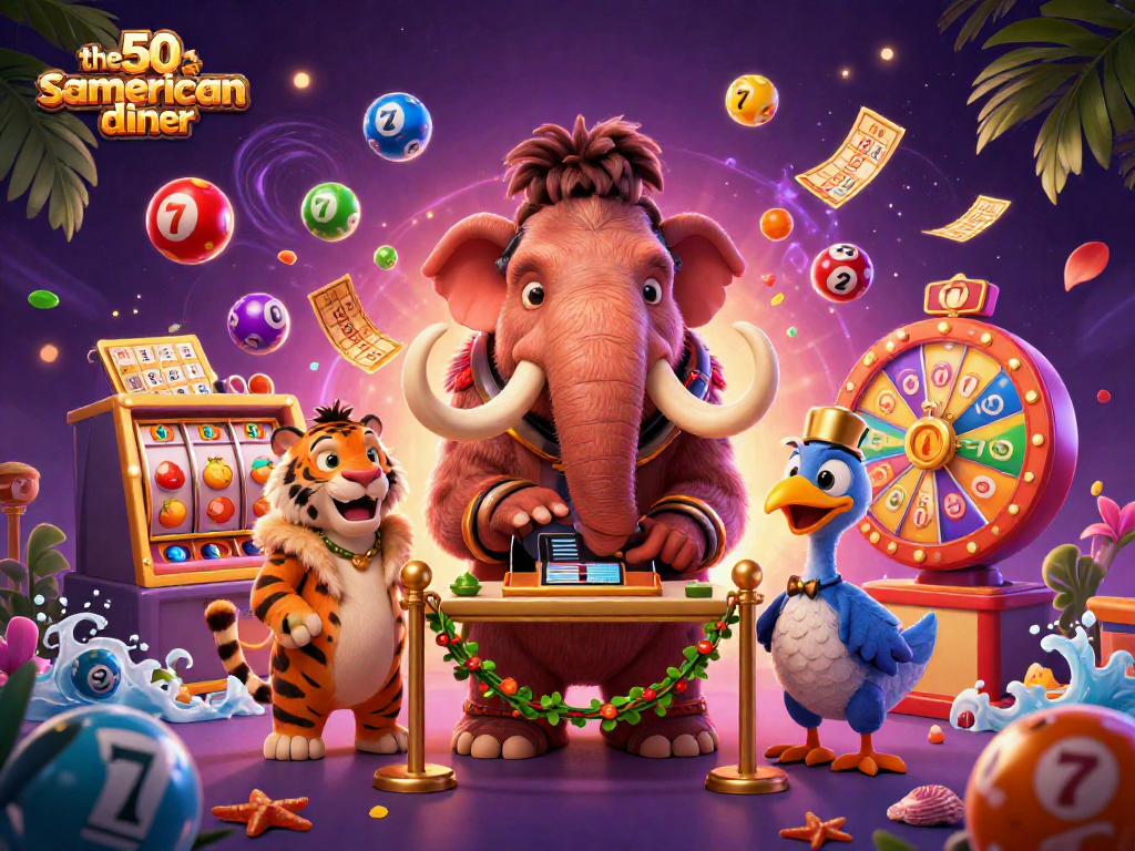 Experience the thrill at the50samericandiner with vibrant casino elements and cartoon characters.