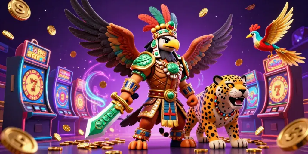 Chơi game tại ea88 với chiến binh Aztec, jackpot và tiếng tiền rơi.