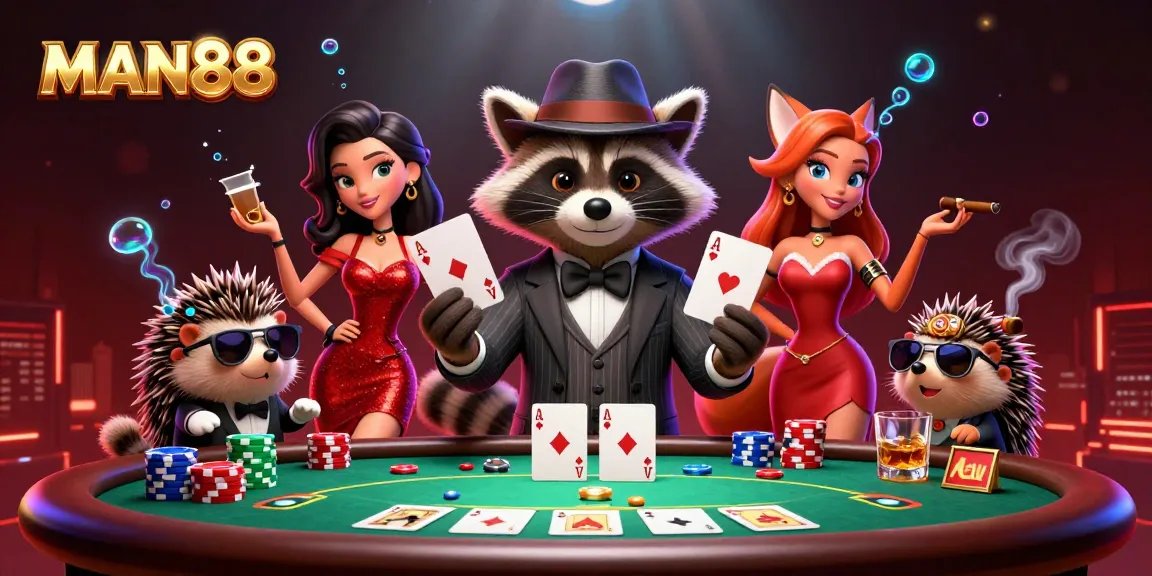 Engage in the action at MAN88 with a 3D illustration of a suave raccoon holding a royal flush.