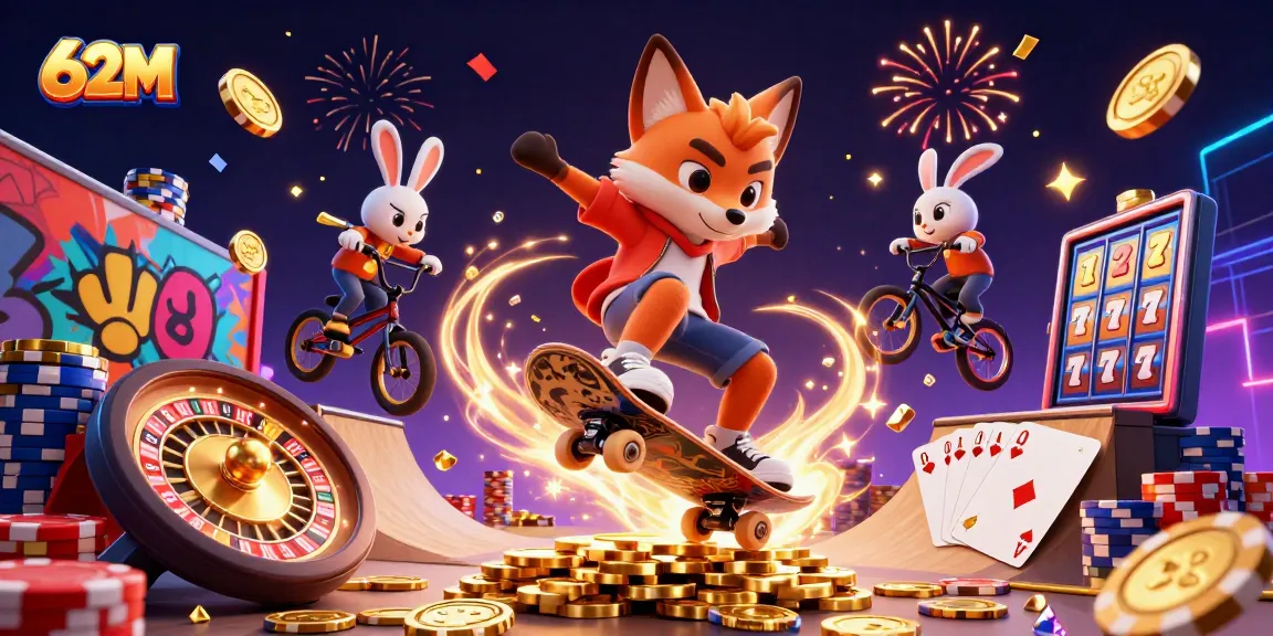 Imersive ilustração 3D do 62M com um raposo fazendo manobras em um cassino vibrante.