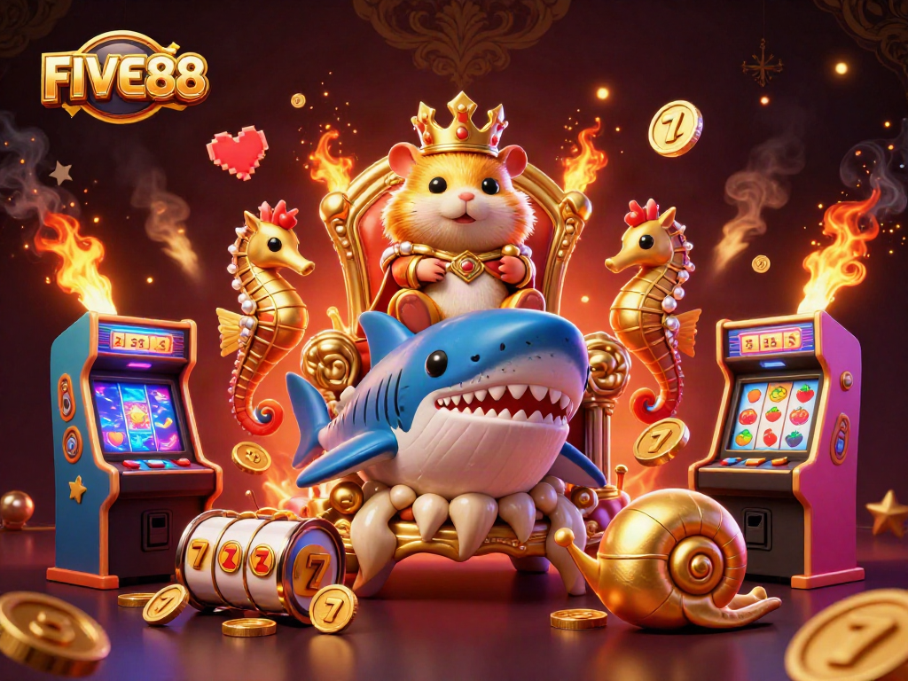 Experience winning excitement at FIVE88 with our dynamic casino-themed illustration showcasing vibrant gaming elements.