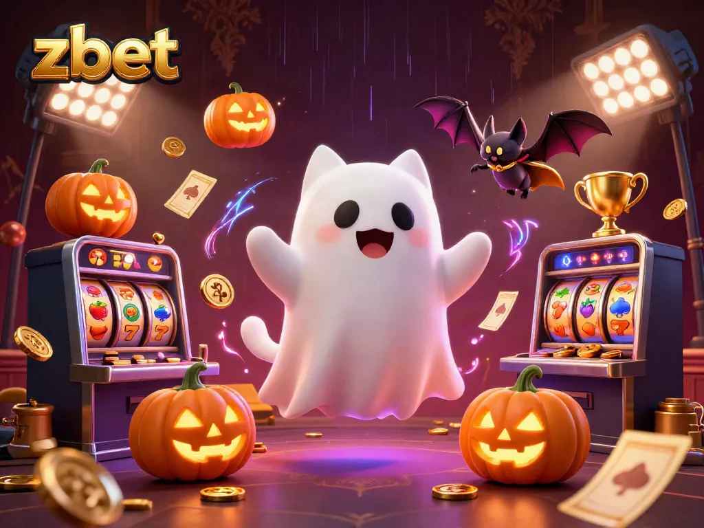 Zbet offers thrilling excitement with a friendly ghost cat in a haunted casino scene representing online gaming and slots.