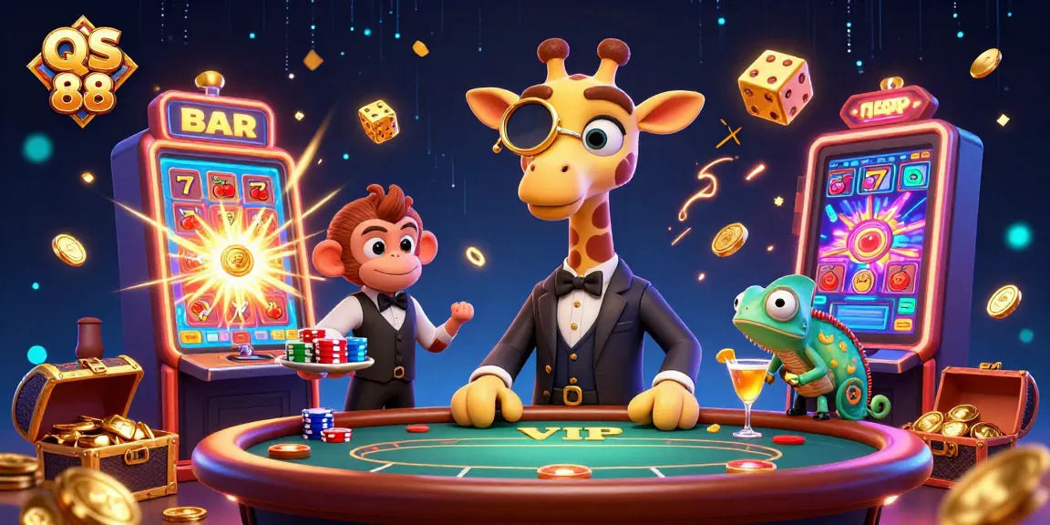 Experience thrilling gaming at QS 88 with high-roller giraffe, monkey valet, and chameleon bartender.