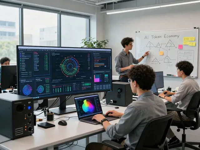 Engineers collaborating on AI infrastructure metrics in a modern tech lab supporting the AI Token Economy.