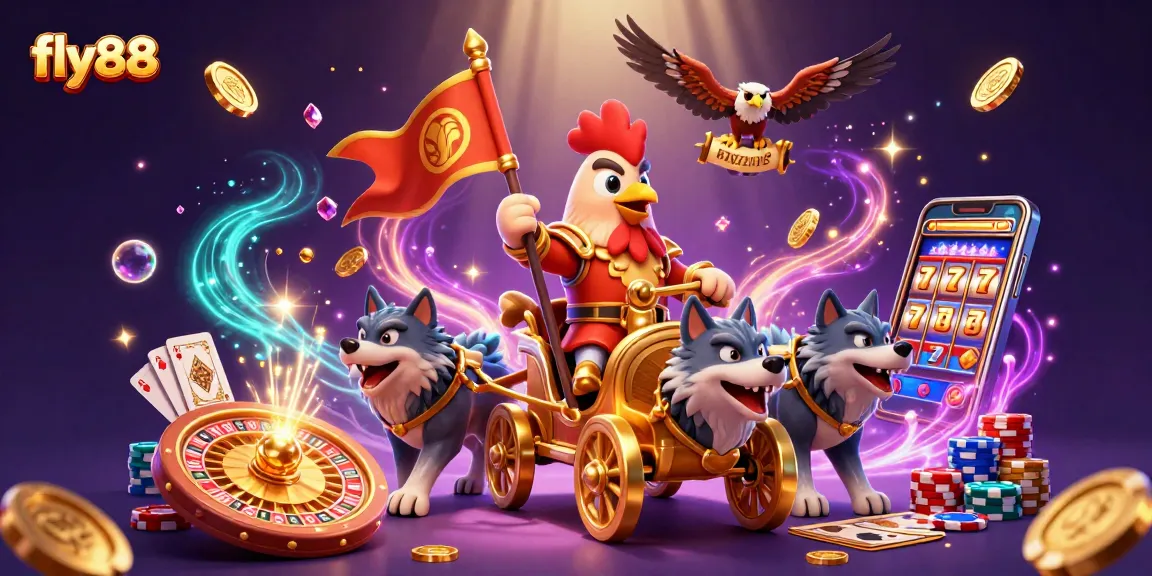 Engage in vibrant fly88 experiences with a golden war chariot and cascading casino elements, creating dynamic excitement.