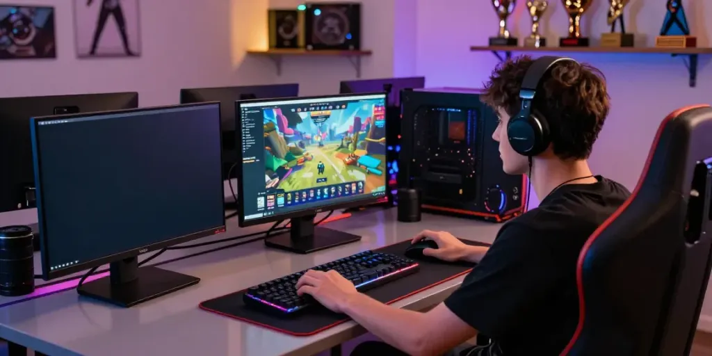 Situs Singatoto gaming experience with user at a high-tech setup, showcasing vivid game visuals and dynamic atmosphere.