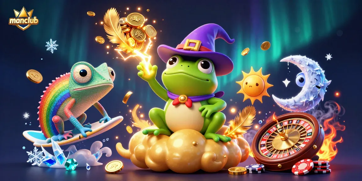 Experience thrilling wins at manclub with a 3D illustrated scene of magical creatures and casino elements.
