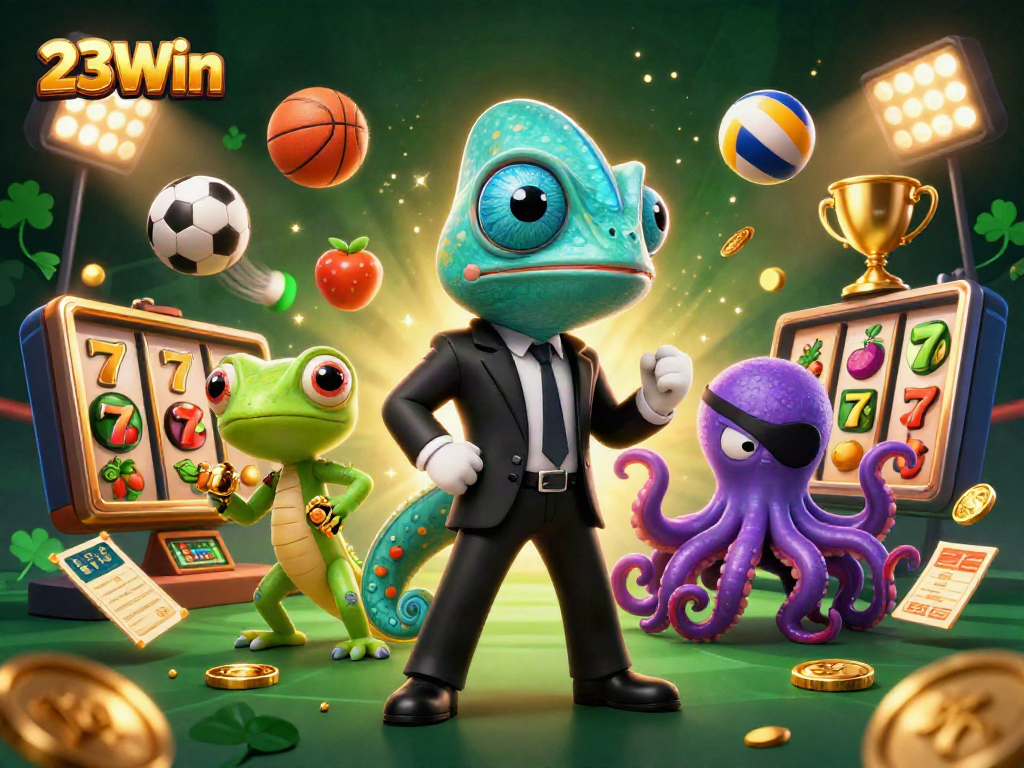 Engage with 23Win's thrilling slots amidst dynamic elements in a vibrant casino scene.