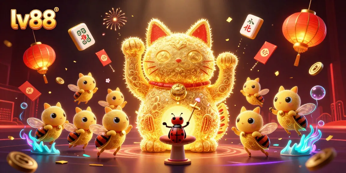 Experience the excitement of lv88 with a lucky cat, conductor beetle, and vibrant casino elements!