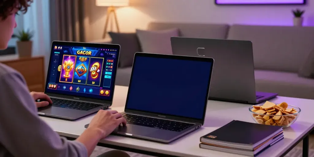 Player enjoying slot gacor games on smartphone in a cozy living room.