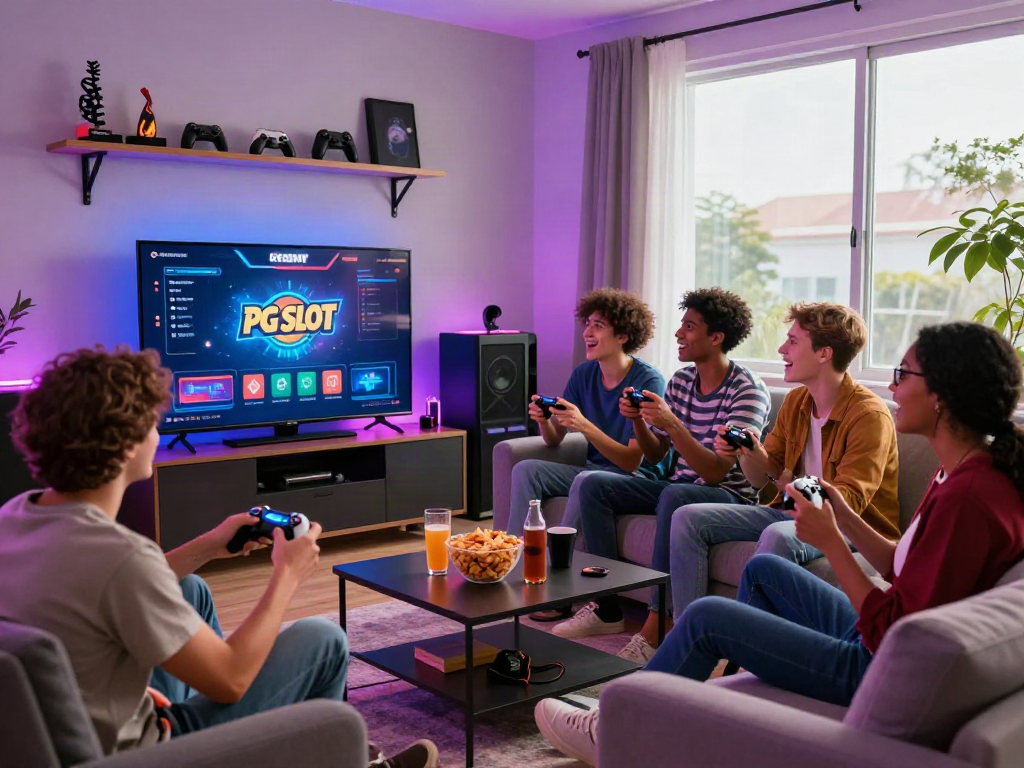Friends enjoying PG SLOT games together in a lively gaming setup.