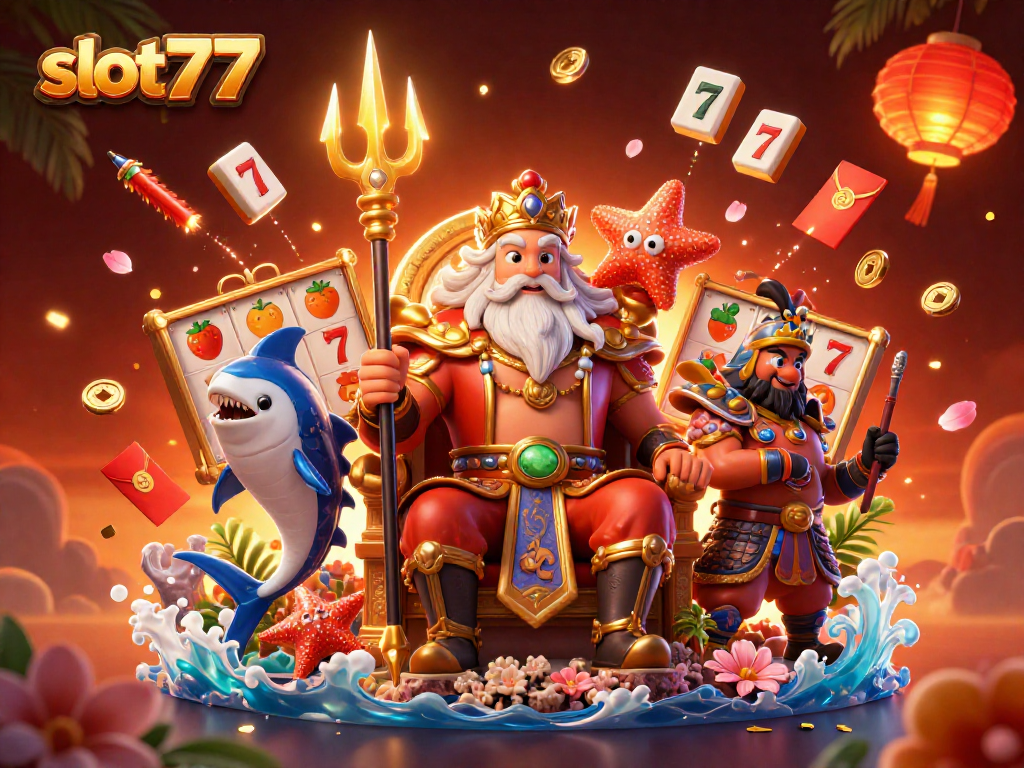 Spin to win at slot777 with vibrant casino scenes featuring Neptune and action-packed gaming elements.