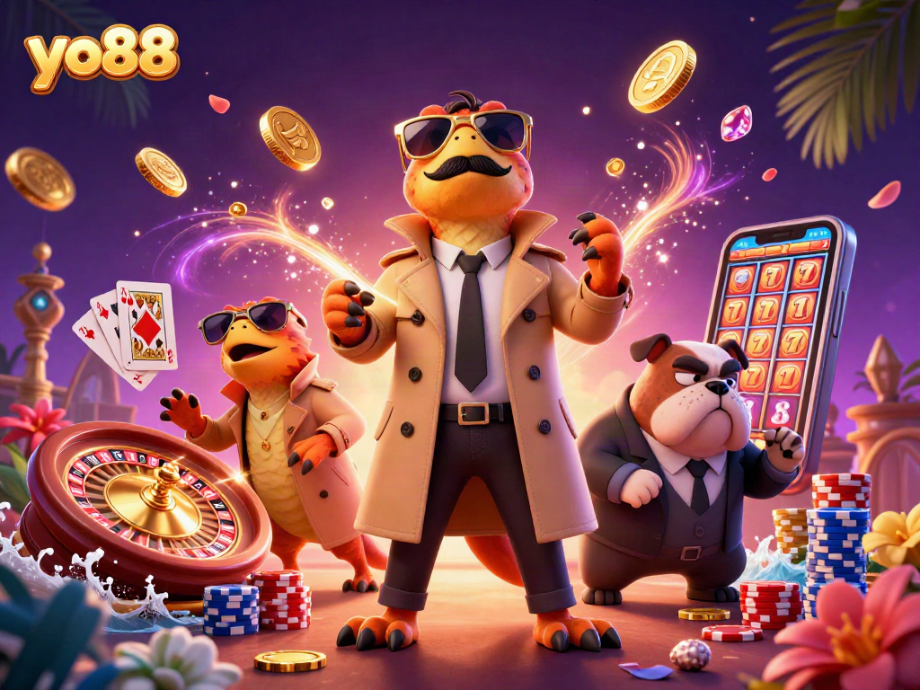 Experience exciting gameplay at yo88 with raptors and casino action in a vibrant, engaging illustration.