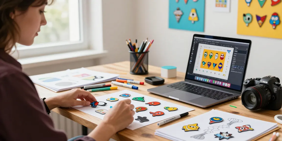 Custom acrylic pins displayed on a designer's workspace, highlighting creativity and design.