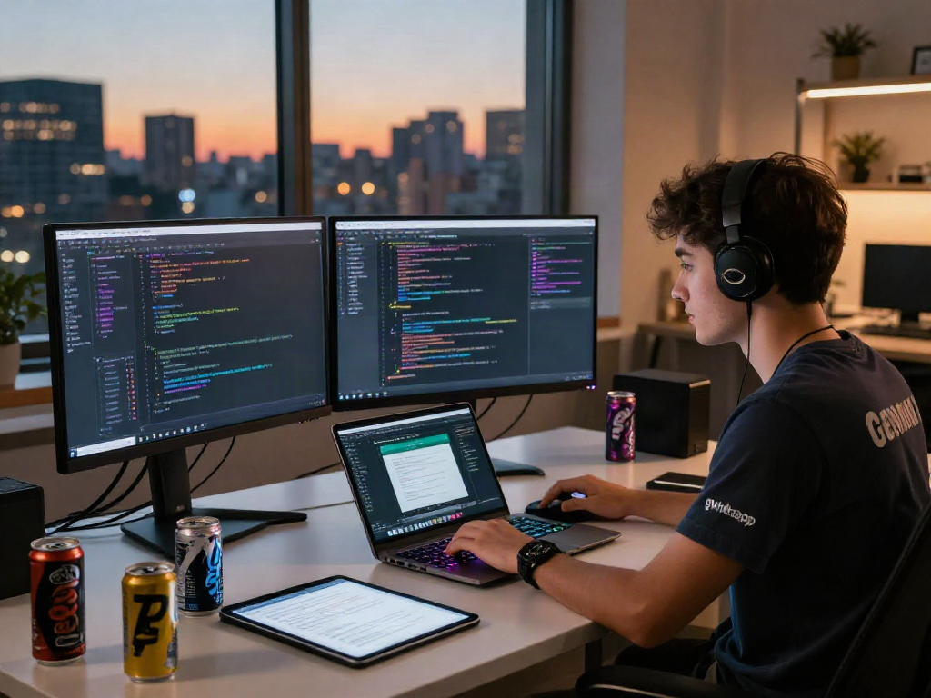 Dynamic workspace scene of a developer coding on gbwhatsapp features, showcasing monitors, laptop, and modern tech.