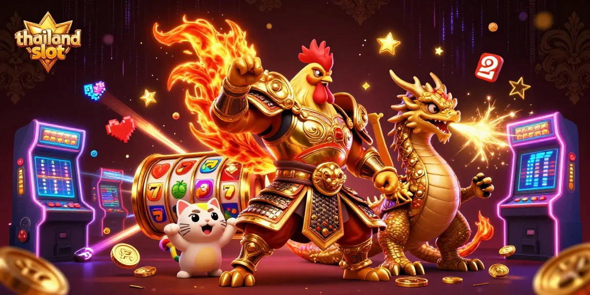 Exciting thailand slot scene with a fighting rooster, dragon hatchling, and vibrant gaming elements.