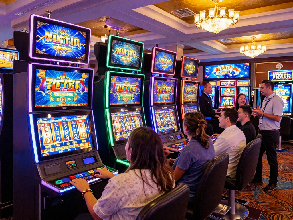 Pengalaman bermain slot777 yang seru di kasino dengan teman-teman, mesin slot berwarna cerah dan suasana yang menggembirakan.