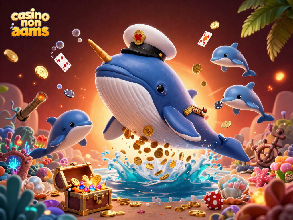 Scopri i migliori casino non AAMS con un fumetto di balene e delfini che giocano mentre si immergono in monete e giochi d'azzardo.