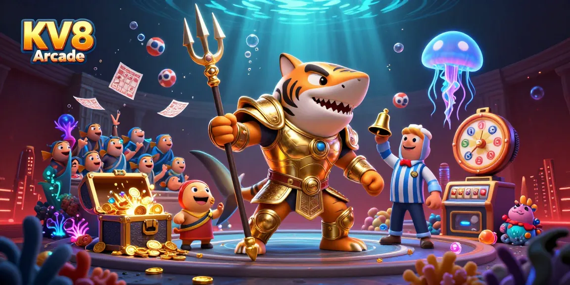 Engage with KV8 Arcade's thrilling gameplay in an action-packed underwater lottery scene featuring a tiger shark.