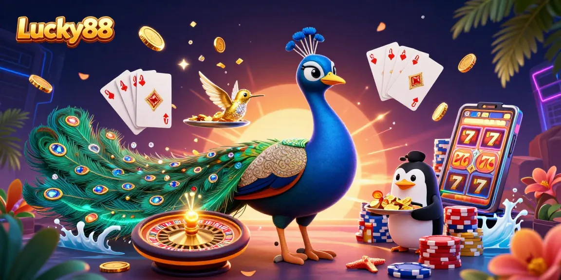 Experience excitement with Lucky88 as the vibrant aristocratic peacock and butler penguin carry golden chips in a lively casino setting.