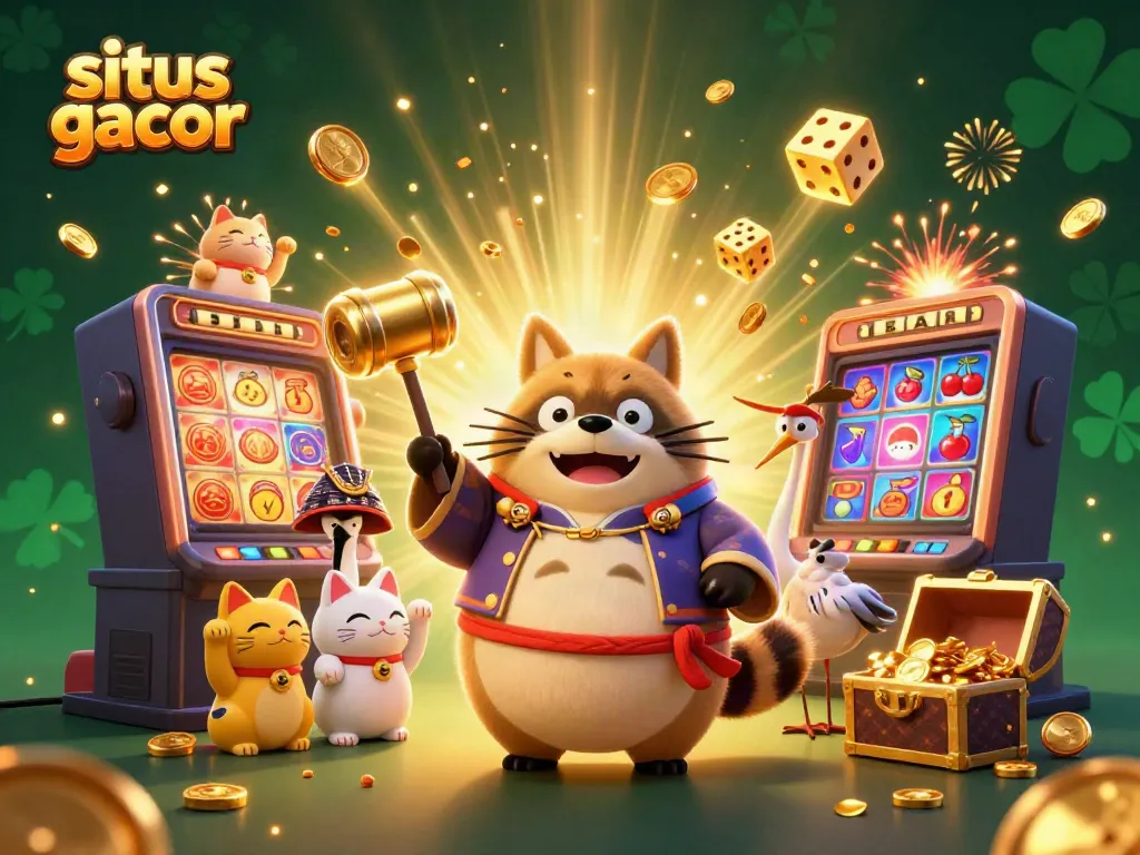 Experience big wins at situs gacor with a cheerful tanuki and a crane amid colorful casino vibes.