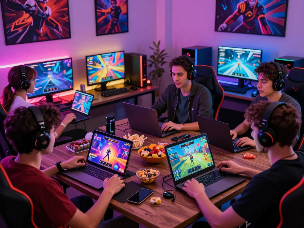 Friends enjoying a multiplayer porn game on laptops and mobile devices in a cozy gaming setup.