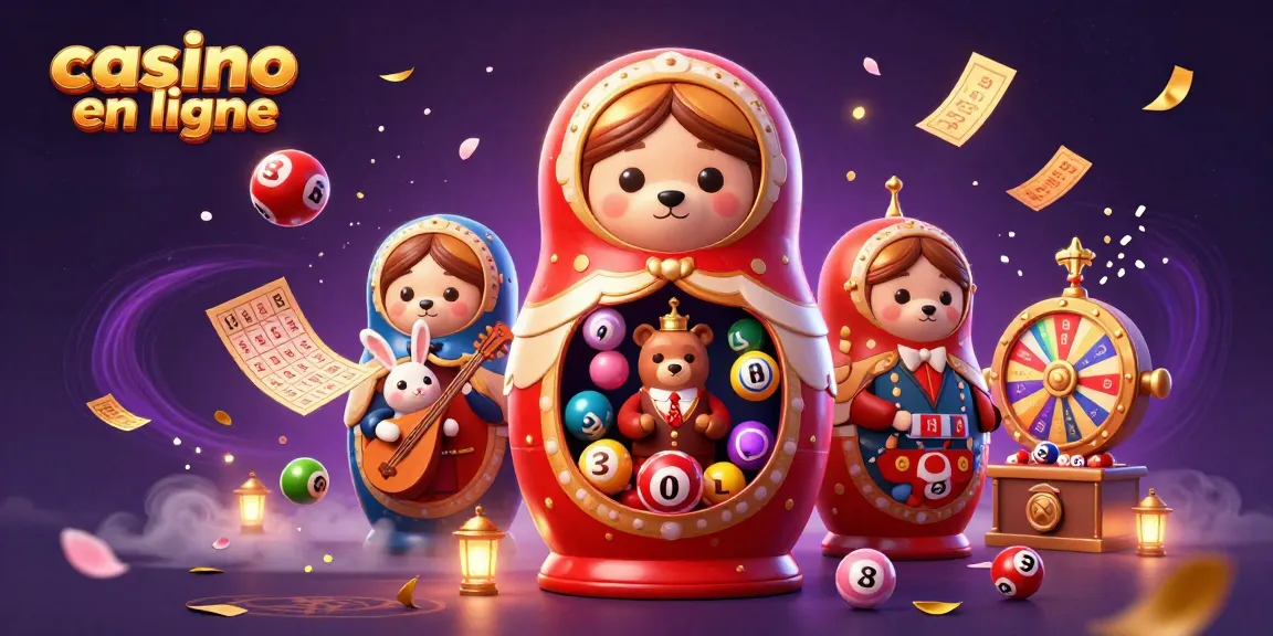 Des ours Matryoshka dans un casino en ligne, entourés de boules de loterie colorées.