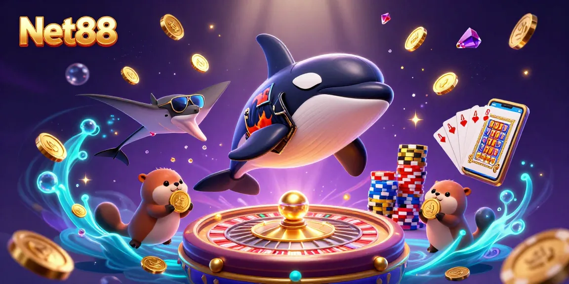 Win big with Net88 in this vibrant 3D underwater casino scene featuring playful sea creatures.