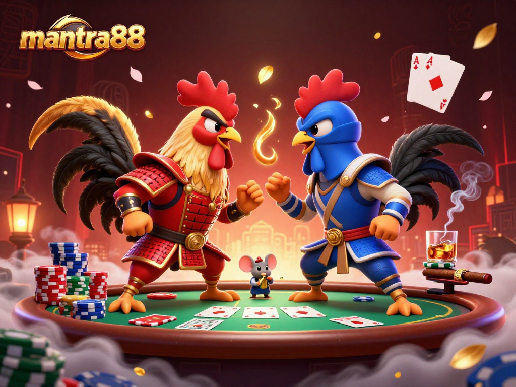 Experience the intense standoff of mantra88's fighting roosters amidst casino game elements.